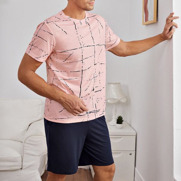 

Men Abstract Line Print PJ Set, Multicolor