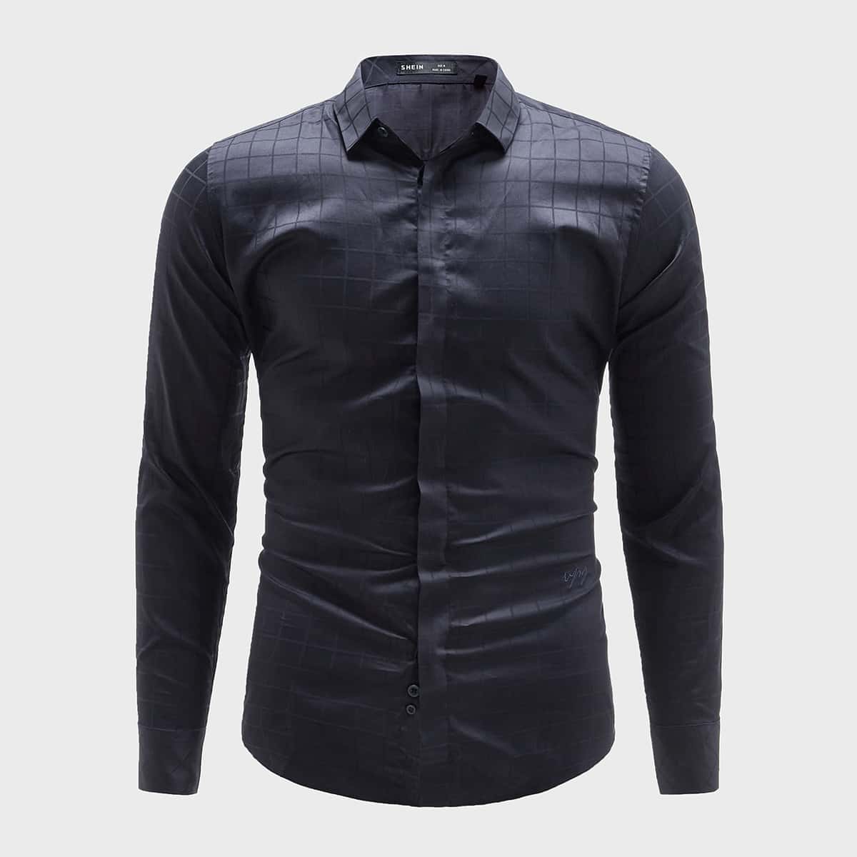 

Guys Letter Embroidery Button Up Shirt, Navy blue