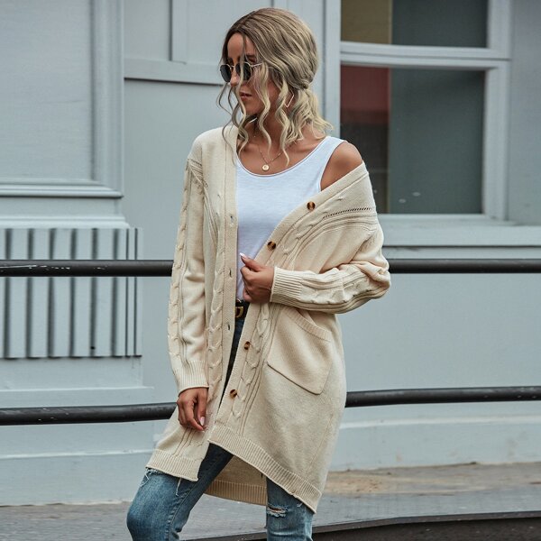 

Solid Cable Knit Dual Pocket Cardigan, Apricot