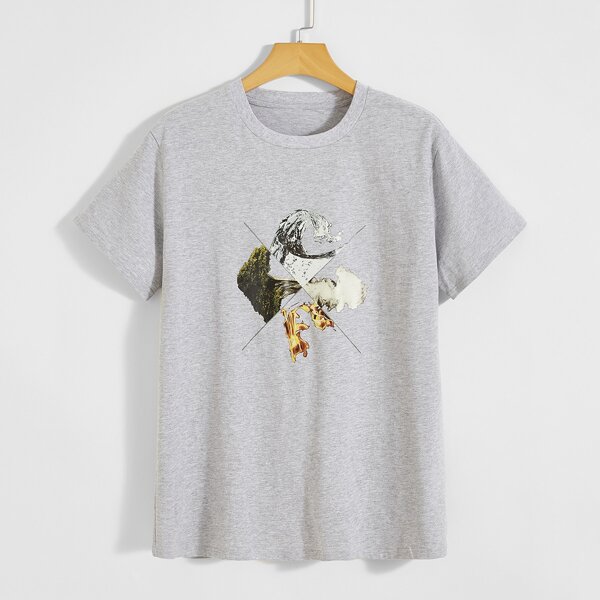 

Men Graphic Print Round Neck Tee, Light grey