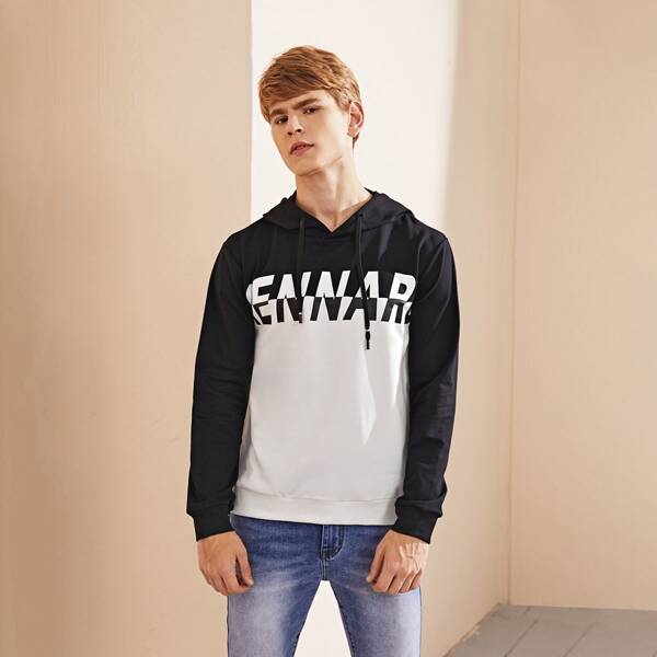 

Men Two Tone Letter Graphic Hoodie, Black and white