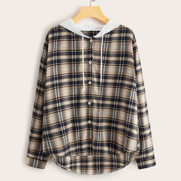 

Plus Tartan High Low Drawstring Hooded Blouse, Multicolor