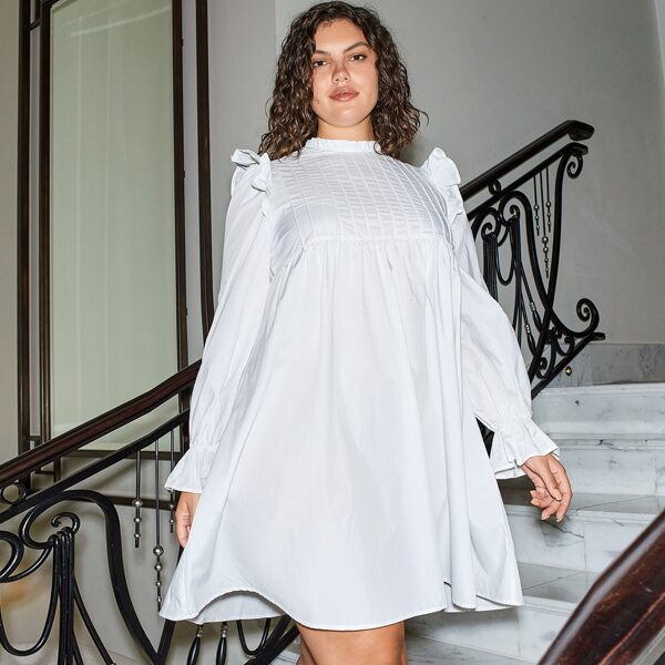 

Plus Solid Ruffle Cuff Smock Dress, White