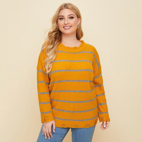 

Plus Drop Shoulder Ripped Detail Striped Sweater, Mustard yellow