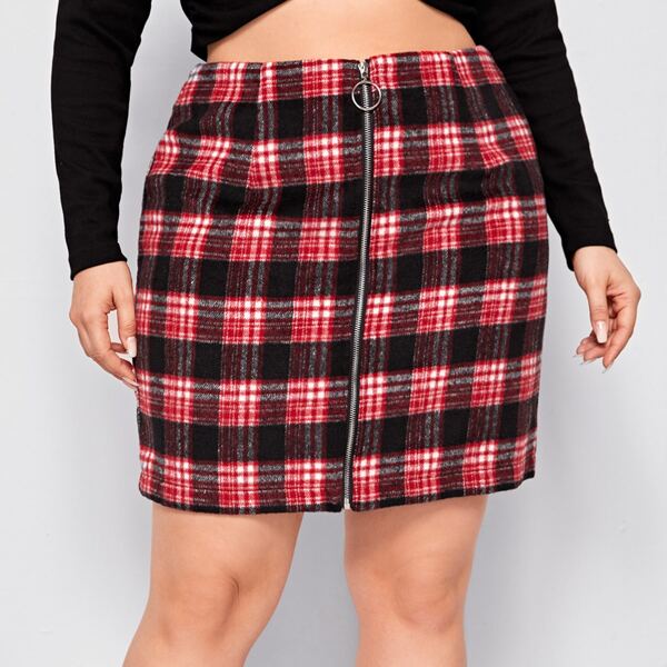 

Plus Zipper Fly Plaid Skirt, Multicolor