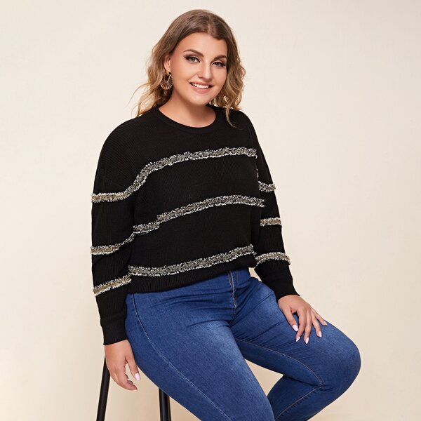 

Plus Drop Shoulder Raw Trim Tape Detail Sweater, Black