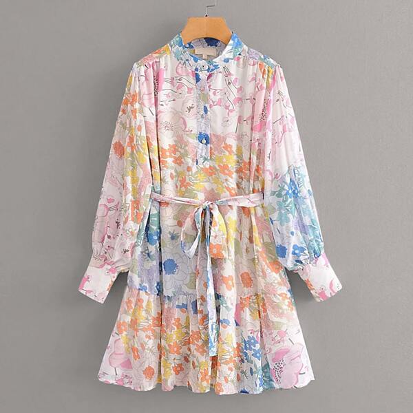 

Plus Allover Floral Ruffle Hem Belted Dress, Multicolor