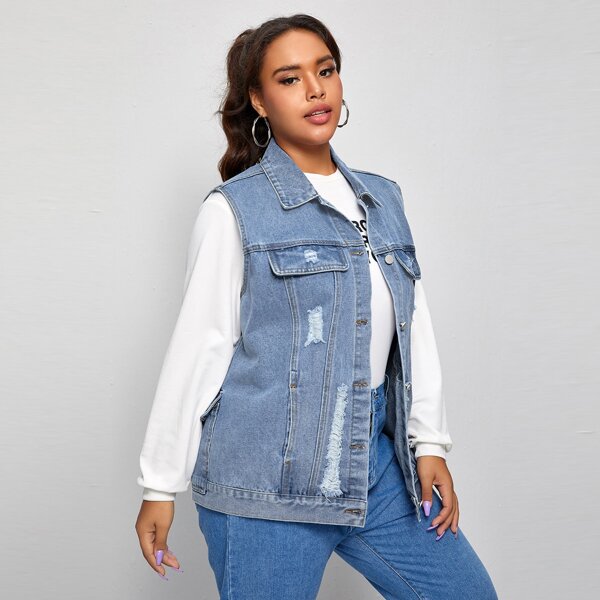 

Plus Ripped Button Front Denim Vest Jacket Without Top, Medium wash