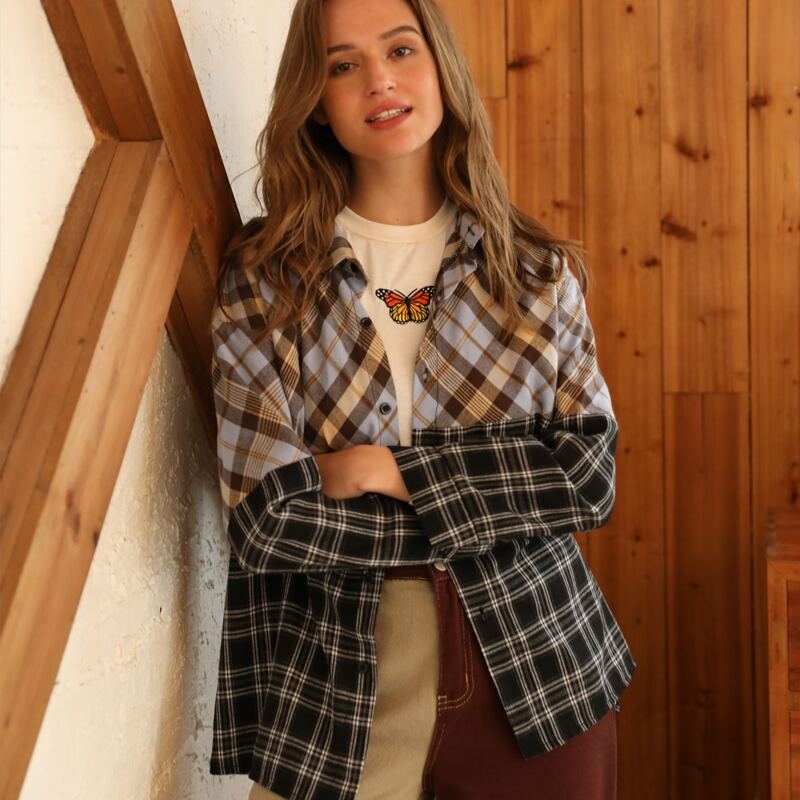 

Plaid Spliced Oversized Shirt, Multicolor