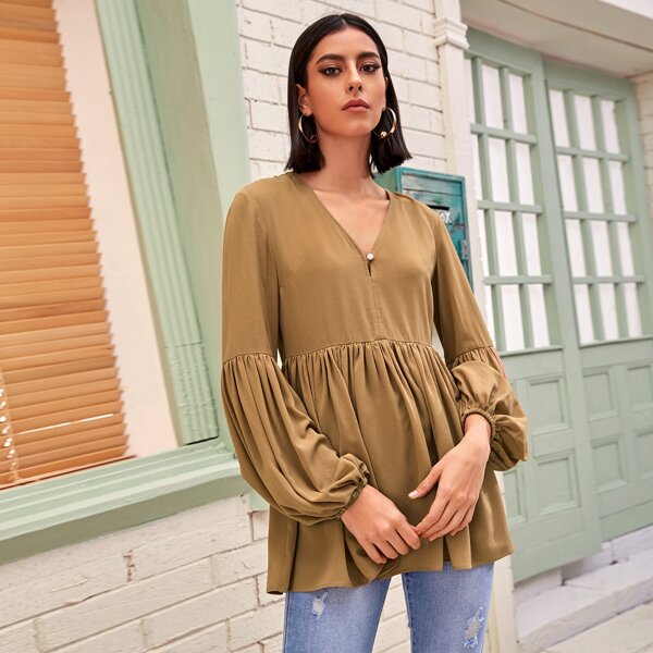 

V-neck Ruffle Hem Chiffon Babydoll Blouse, Brown