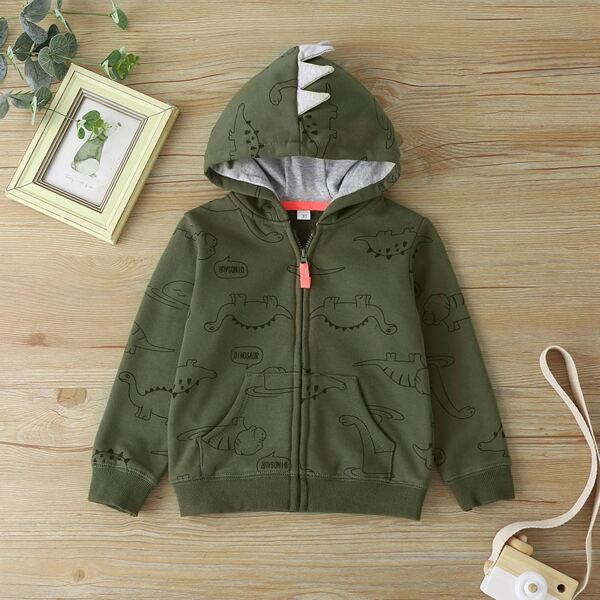 

Toddler Boys Dinosaur Print 3D Spikes Zip-up Hoodie, Army green