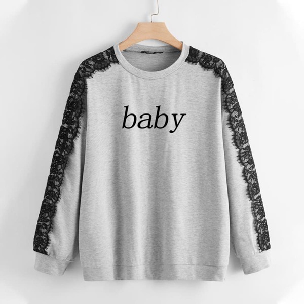 

Plus Letter Graphic Contrast Lace Sweatshirt, Light grey