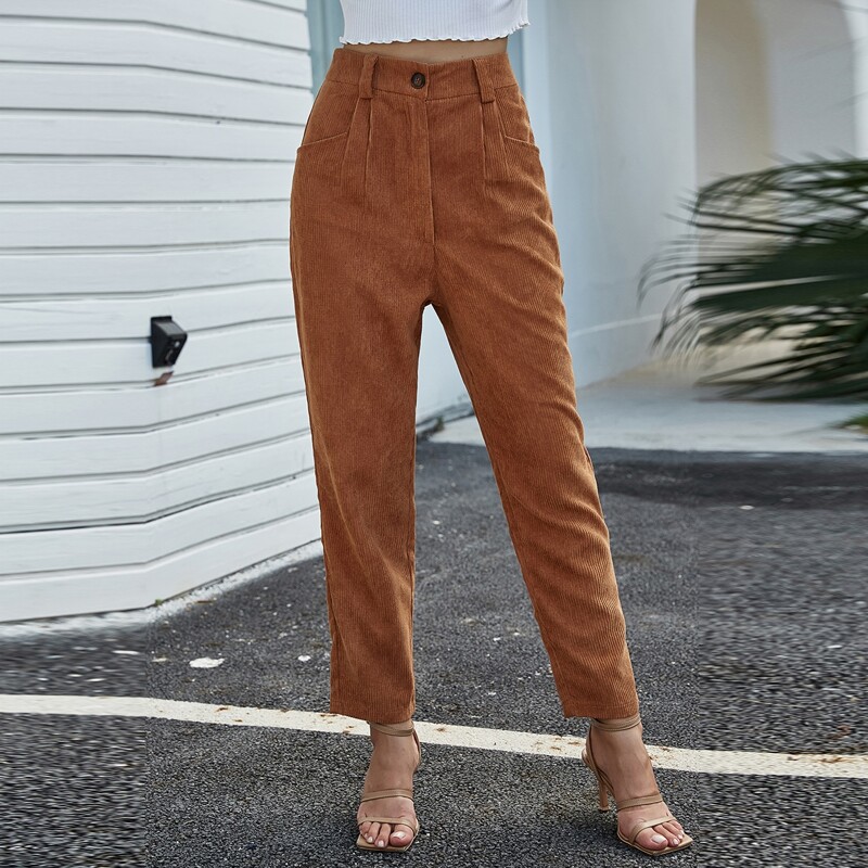 

Solid Corduroy Tapered Pants, Brown