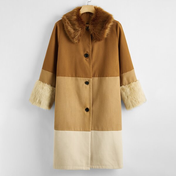 

Plus Faux Fur Collar and Cuff Colorblock Coat, Multicolor