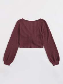 Muchica 前扭結華夫格針織短版上衣 - 紅木色 - 查看 2