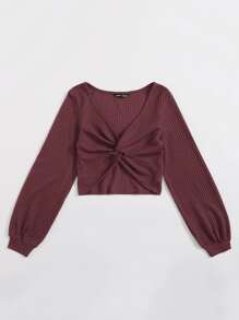 Muchica 前扭結華夫格針織短版上衣 - 紅木色 - 查看 3