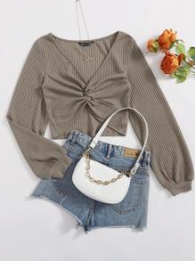 SHEIN EZwear Áo thun xoắn lại màu trơn Giải trí - Màu nâu  Mocha - Xem 1