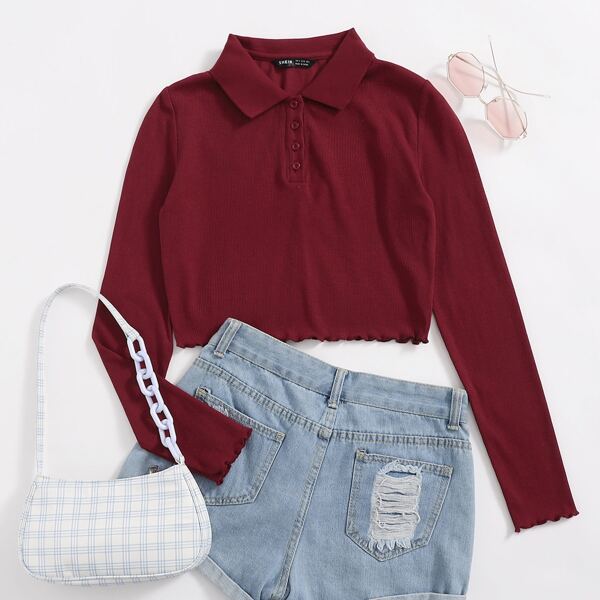 

Lettuce Trim Rib-knit Polo Top, Maroon