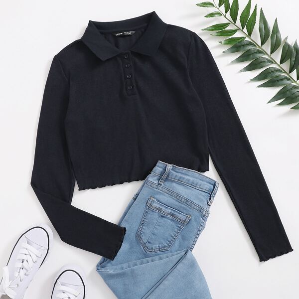 

Lettuce Trim Rib-knit Polo Top, Navy blue