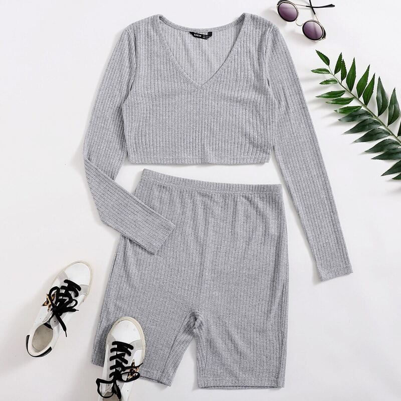 

Rib-knit Top & Biker Shorts Set, Light grey