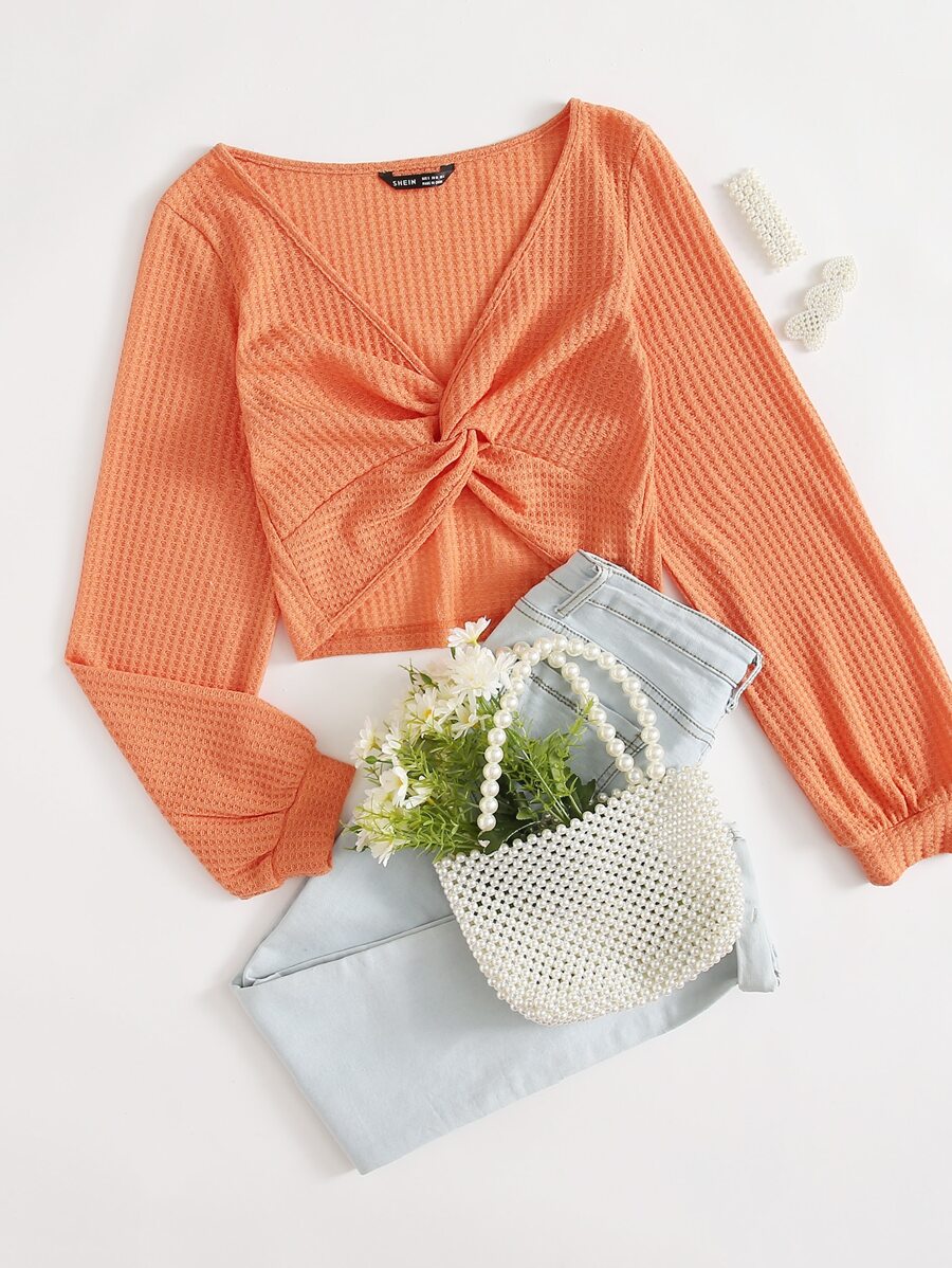SHEIN EZwear Twist Front Textured Knit Top - Orange - View 1