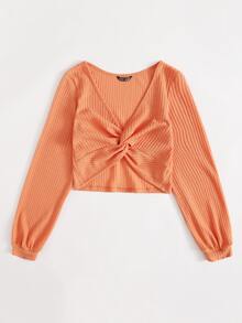 SHEIN EZwear Twist Front Textured Knit Top - Orange - View 3