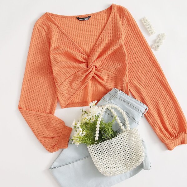 

Twist Front Textured Knit Top, Orange