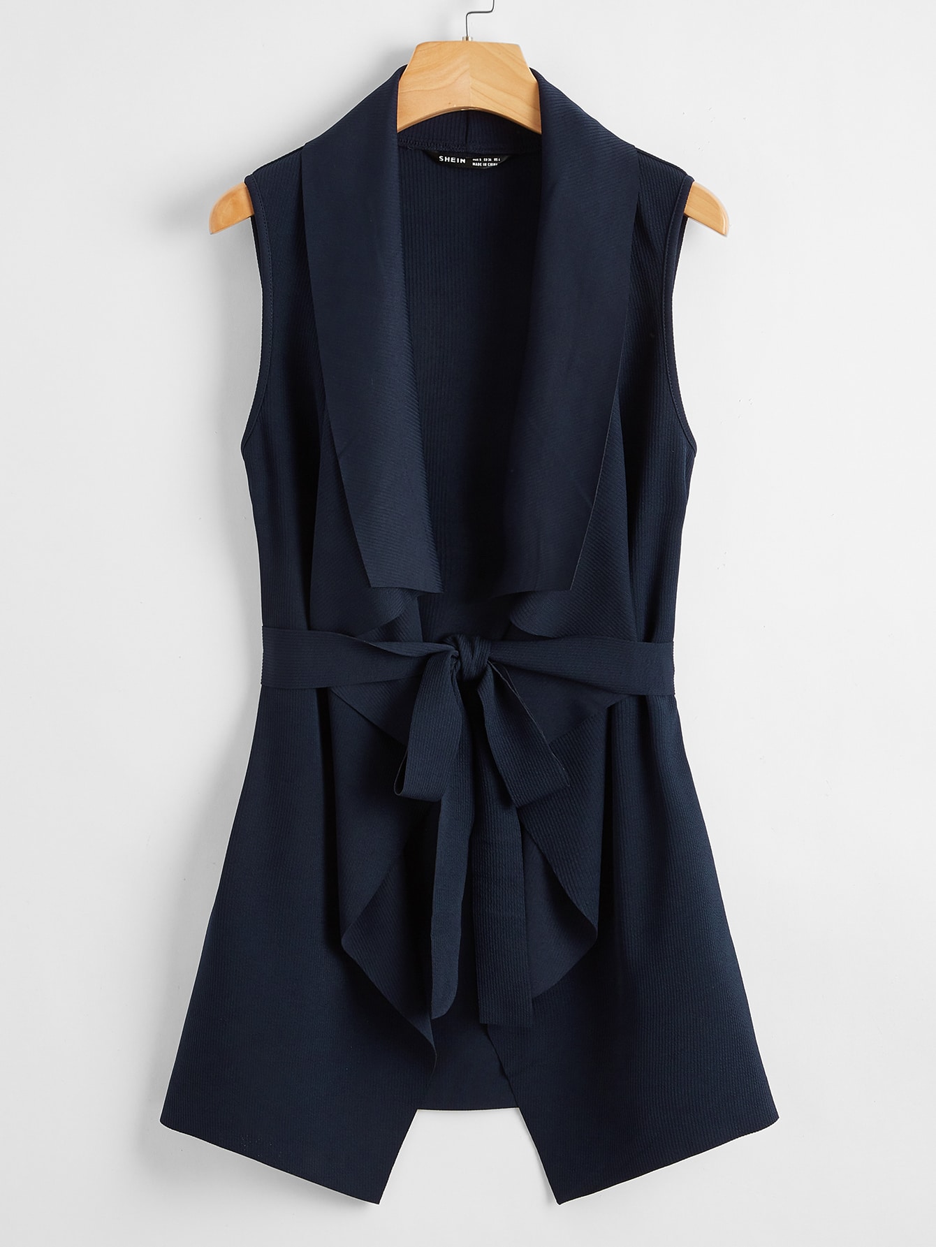 Shawl Collar Self Belted Asymmetrical Hem Sleeveless Coat thumbnail