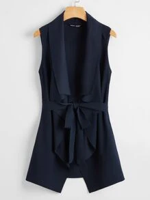 SHEIN Clasi 翻領自腰帶不對稱下擺無袖外套 - 藏蓝色 - 查看 1