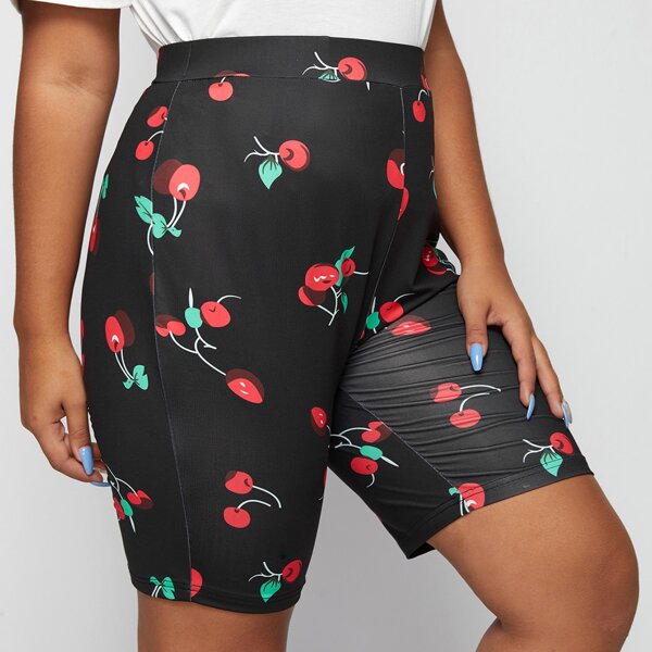 

Plus Cherry Print High Waist Biker Shorts, Black