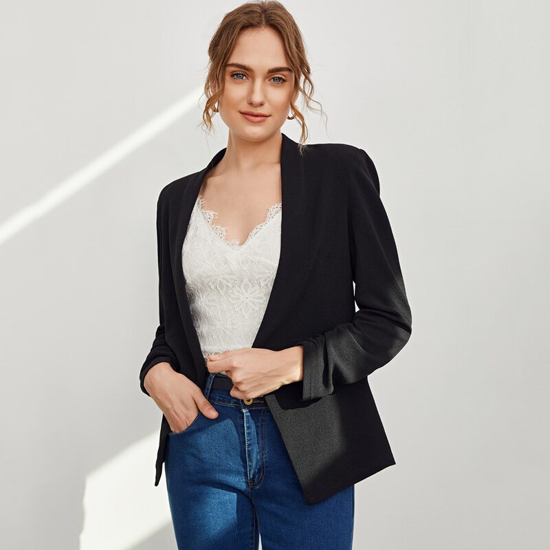 

Open Front Ruched Cuff Blazer, Black