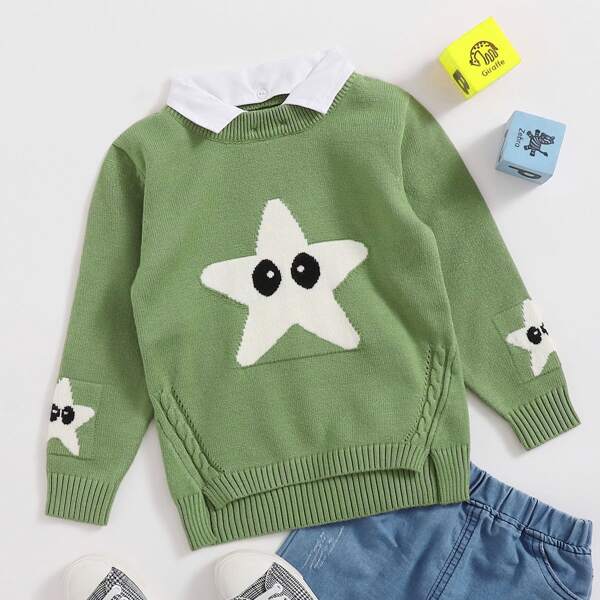 

Toddler Boys Cartoon Pattern Detachable Collar Sweater, Green
