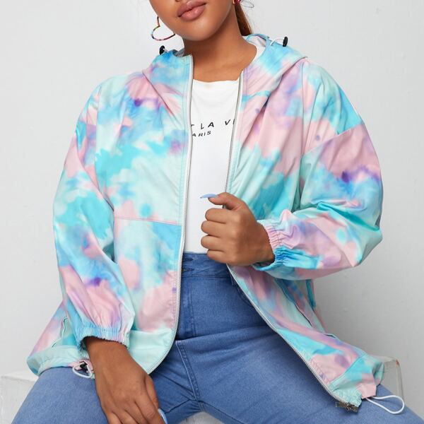 

Plus Tie Dye Drop Shoulder Drawstring Hooded Jacket, Multicolor