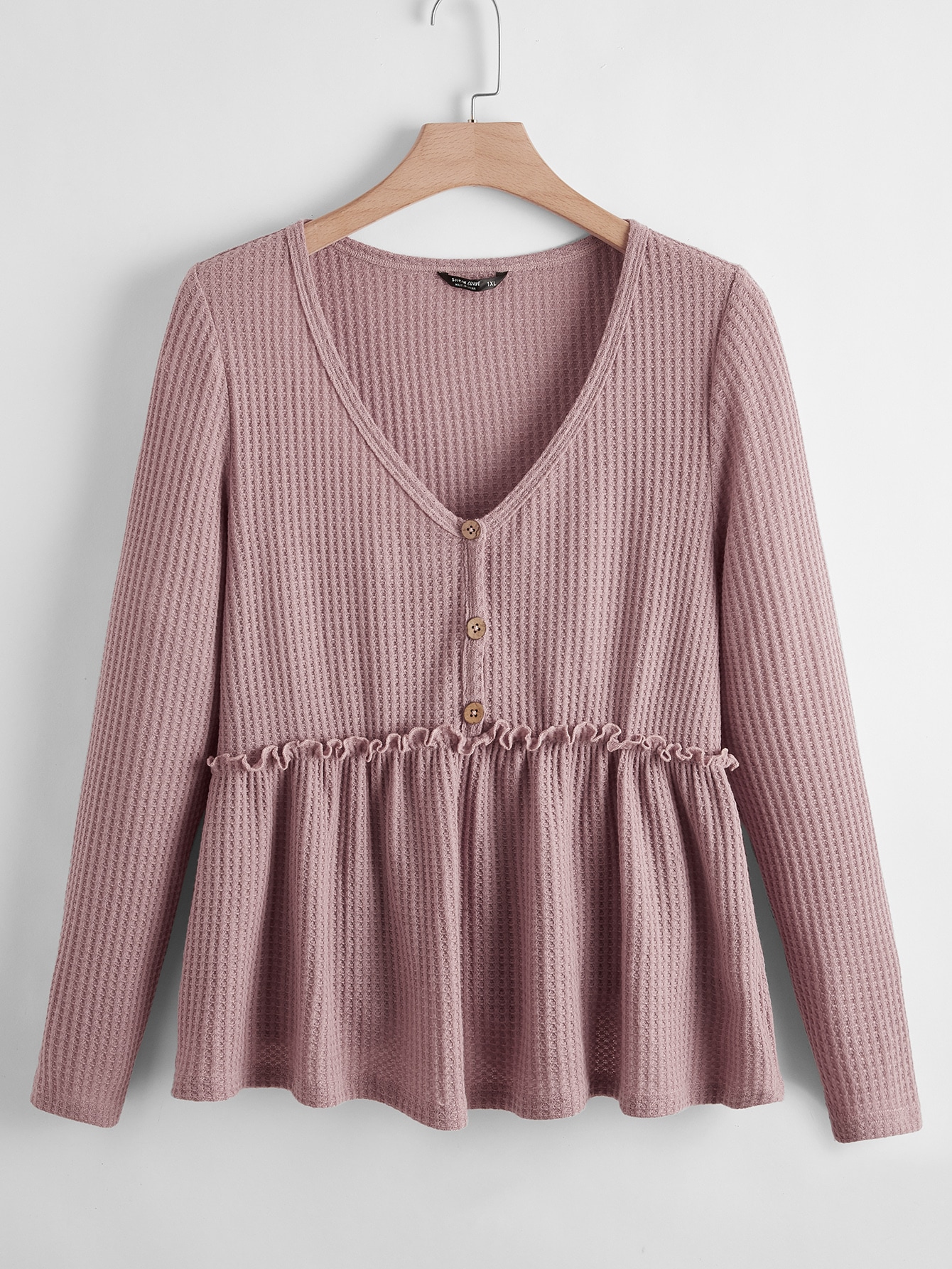 Plus Buttoned Front Frill Trim Waffle Knit Peplum Top thumbnail