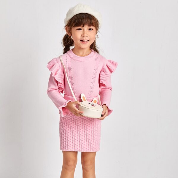 

Toddler Girls Solid Ruffle Trim Sweater & Knit Skirt, Baby pink