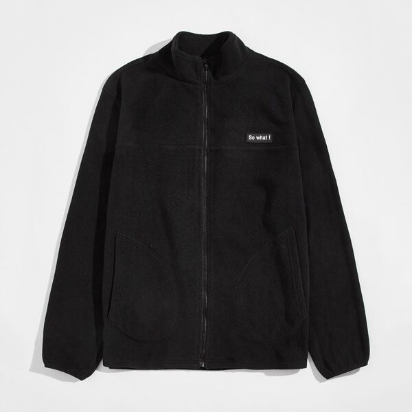 

Men Zip Up Patched Detail Teddy Jacket, Black