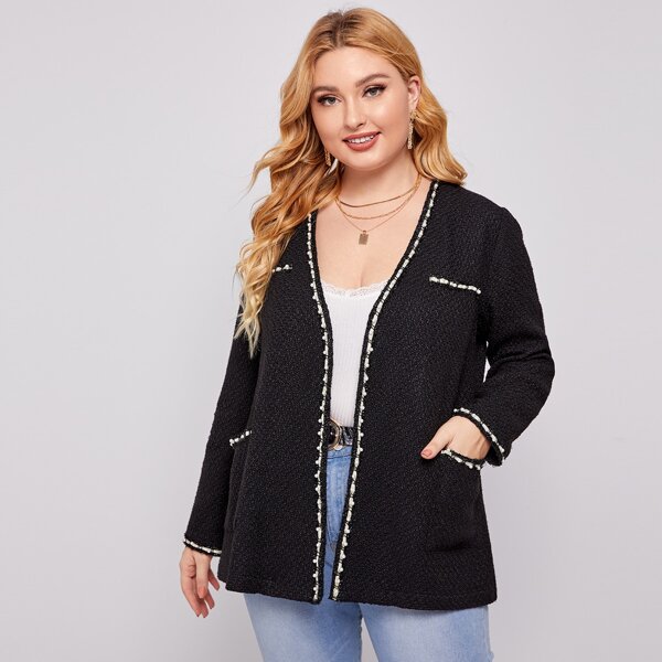 

Plus Pocket Detail Contrast Pearl Tape Tweed Coat, Black