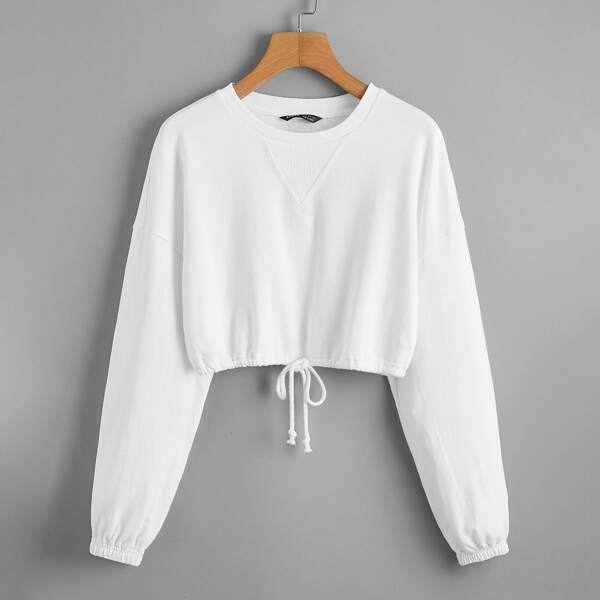 

Drop Shoulder Drawstring Hem Pullover, White