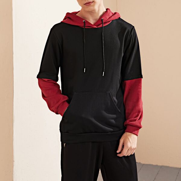 

Men Contrast Panel Drawstring Hoodie, Black