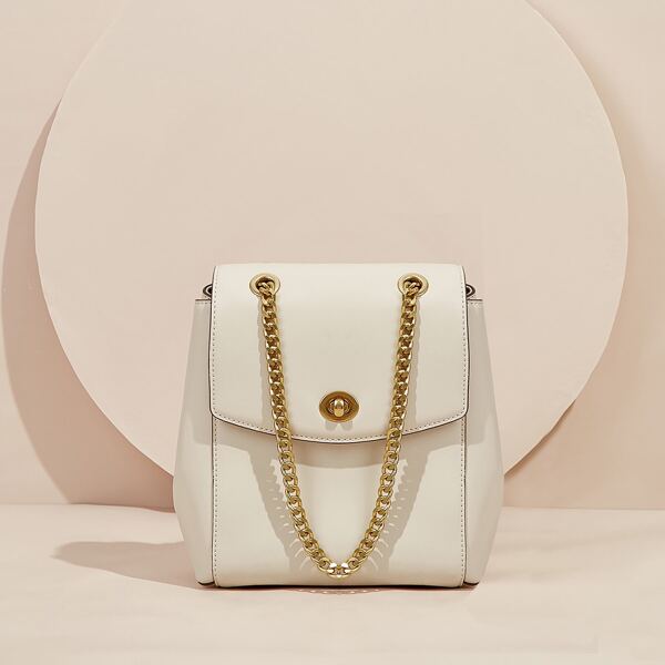 

Twist Lock Calfskin Leather Flap Backpack, Beige