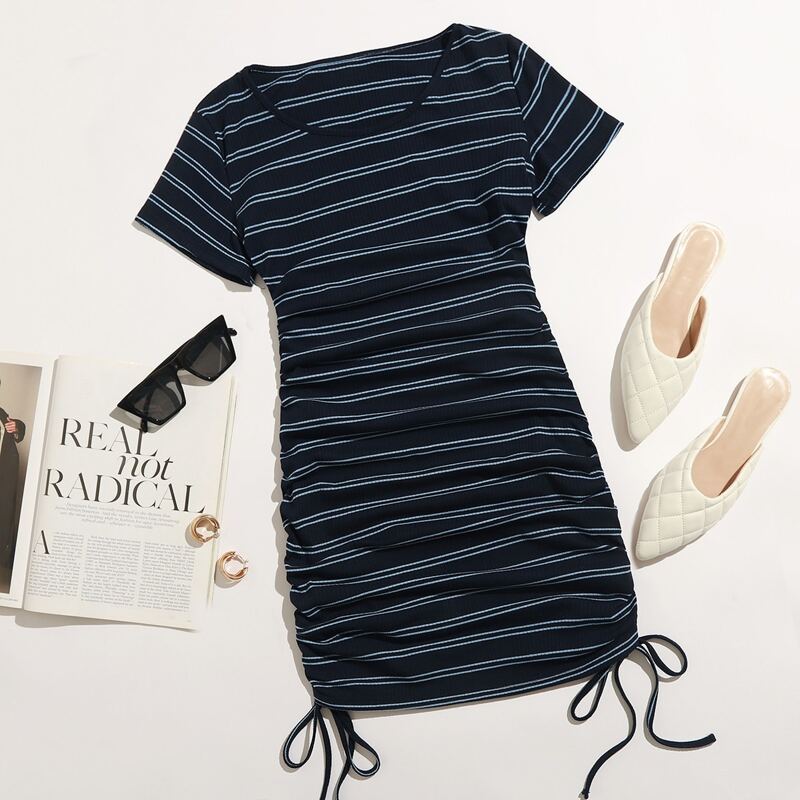

Drawstring Side Striped Dress, Multicolor