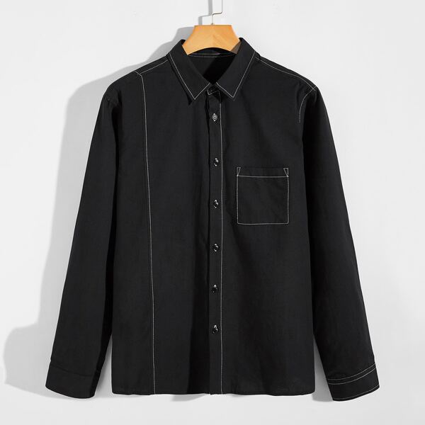 

Men Pocket Front Button Up Shirt, Black