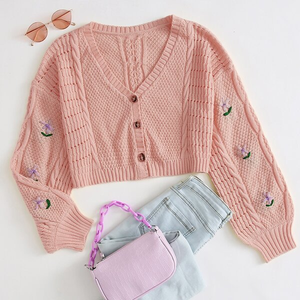 

Single Breasted Floral Embroidered Crop Cardigan, Pastel baby pink