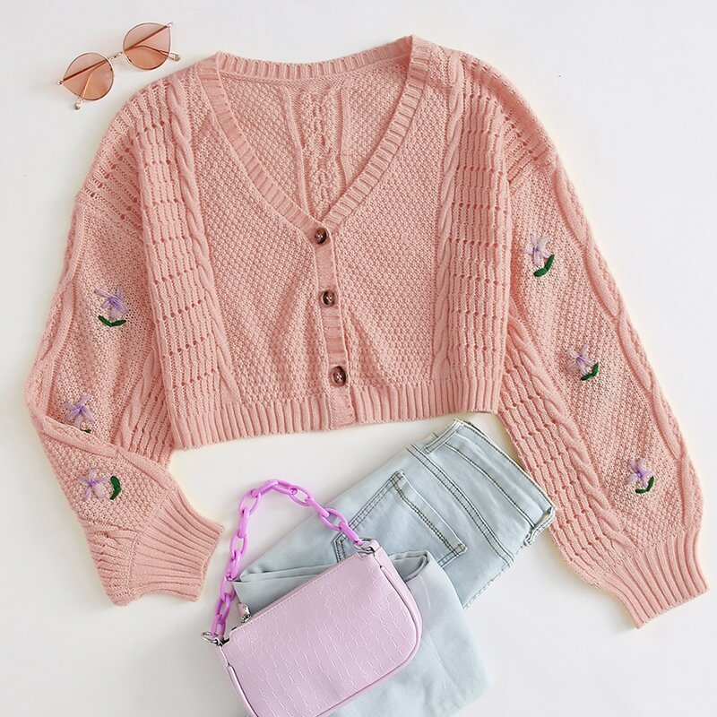 

Single Breasted Floral Embroidered Crop Cardigan, Pastel baby pink