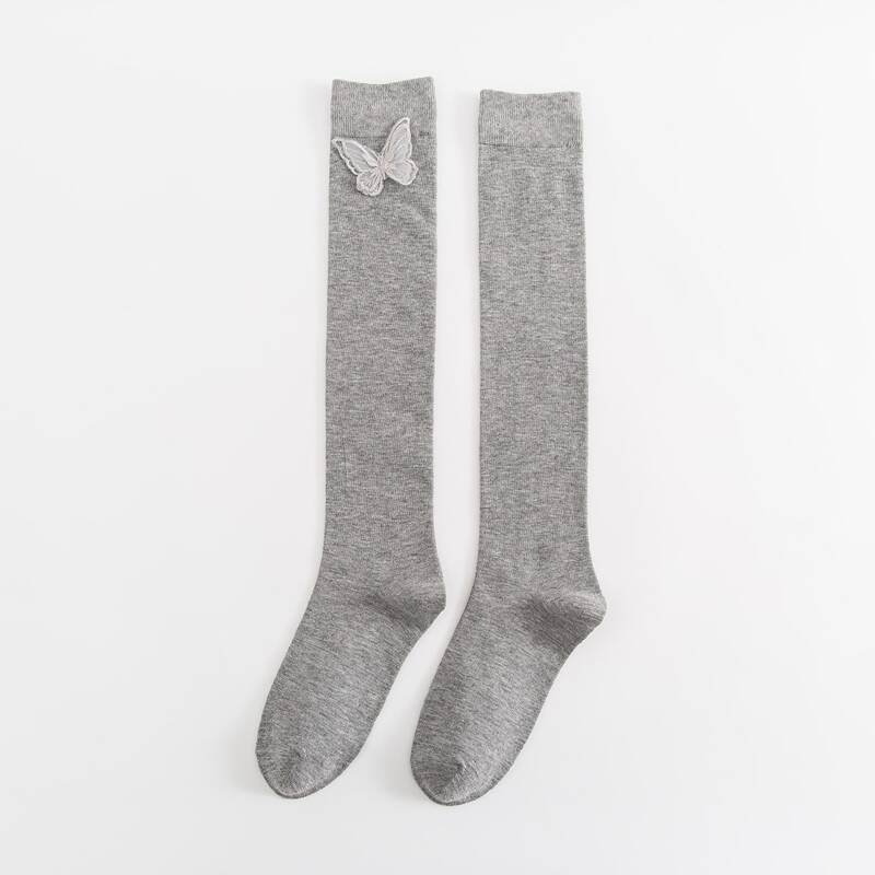 

1pair Butterfly Applique High Socks, Grey