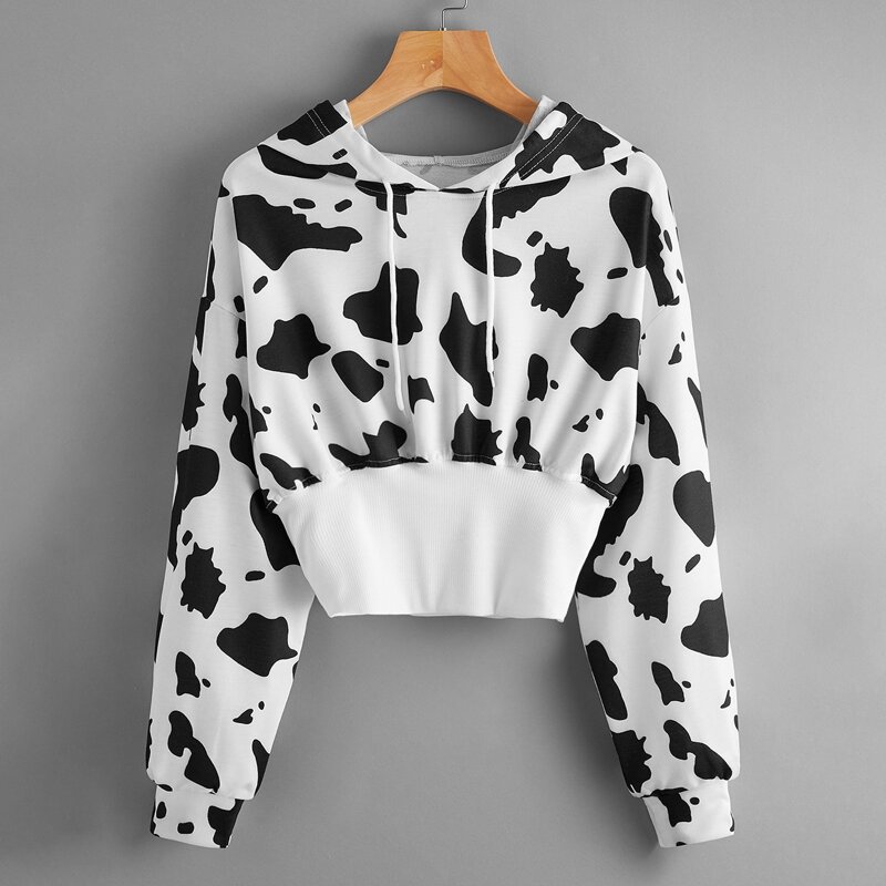 

Allover Print Drawstring Crop Hoodie, Black and white