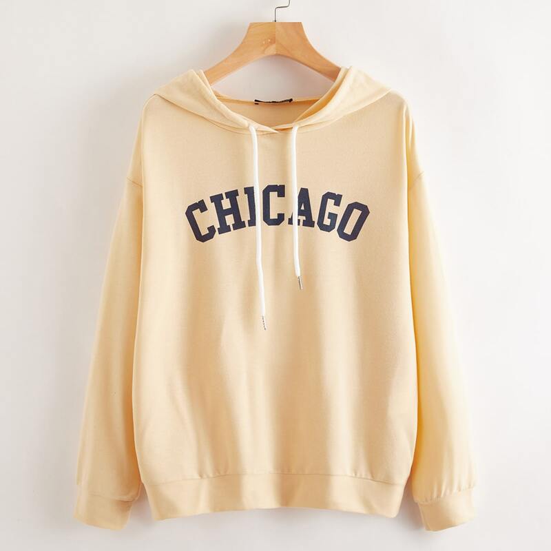

Drawstring Detail Letter Graphic Hoodie, Apricot