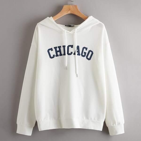 

Drawstring Detail Letter Graphic Hoodie, White