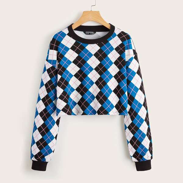 

Drop Shoulder Plaid Crop Pullover, Multicolor