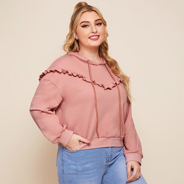

Plus Drop Shoulder Ruffle Detail Drawstring Hoodie, Dusty pink